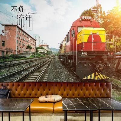 3d立体风景墙纸怀旧蒸汽火车西餐厅甜品奶茶店致青春励志主题壁纸图3