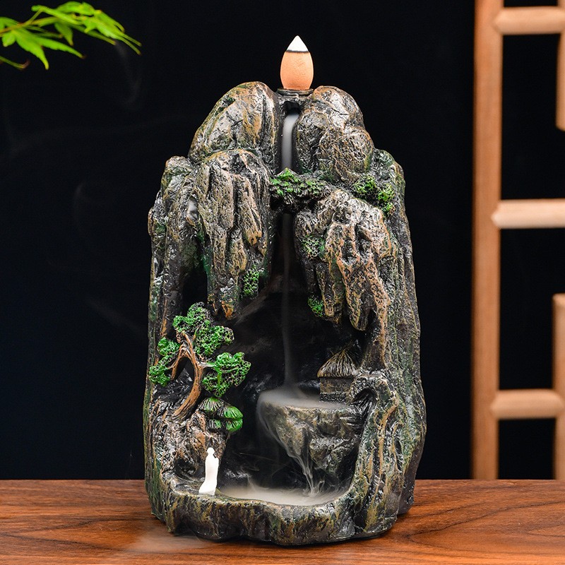 树脂摆件倒流香炉香薰炉高山流水创意复古假山香炉香座檀香批发图1