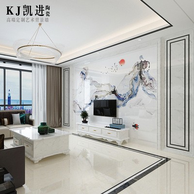 现代北欧电视背景墙瓷砖3D微晶石新中式客厅金属条镶嵌边框影视墙图4