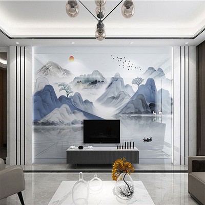 新中式岩板电视背景墙瓷砖微晶石现代客厅大理石材边框造型影视墙图2
