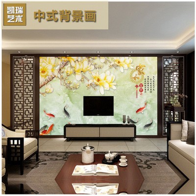 中式现代背景墙 客厅沙发3D装饰墙 彩雕玉兰电视背景墙000039图4