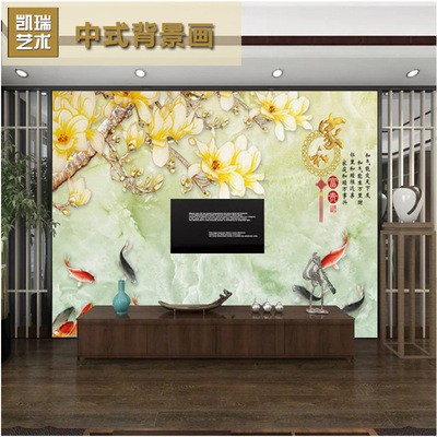 中式现代背景墙 客厅沙发3D装饰墙 彩雕玉兰电视背景墙000039图2