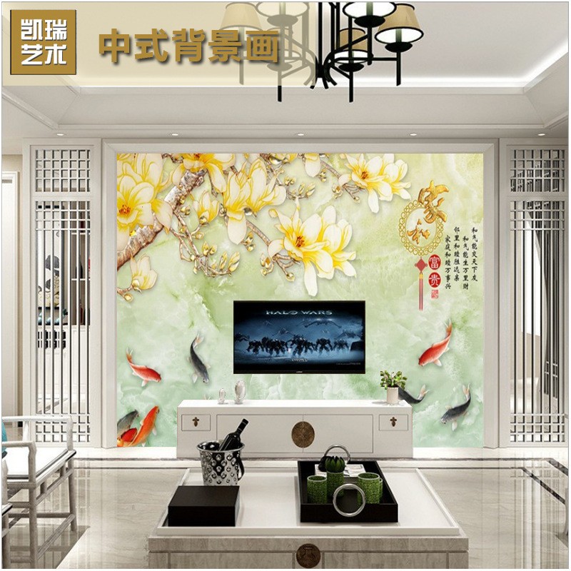 中式现代背景墙 客厅沙发3D装饰墙 彩雕玉兰电视背景墙000039图5
