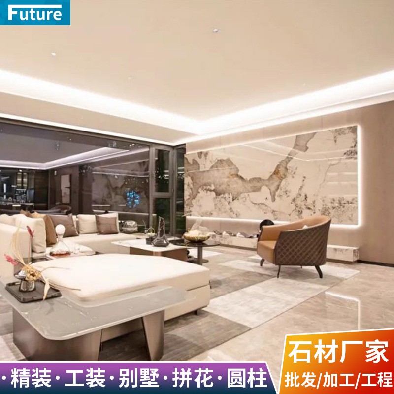 新中式天然鱼肚灰大理石电视背景墙客厅酒店前台别墅现代简约轻奢图5
