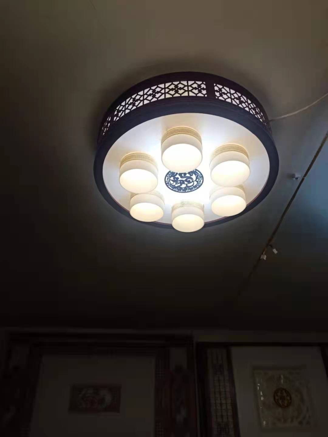 定制中式吸顶灯led 圆形带灯罩6头个性创意客厅酒店木艺灯具图4