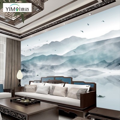 壁画墙布厂家背景墙壁纸新中式水墨山水图案酒店客厅电视背景墙布图4
