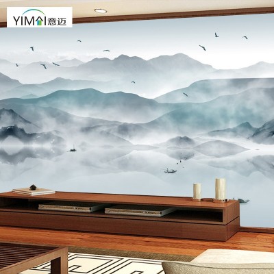 壁画墙布厂家背景墙壁纸新中式水墨山水图案酒店客厅电视背景墙布图2