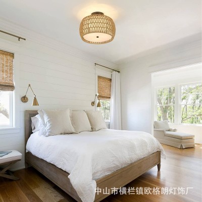 跨境供货农舍复古圆形吸顶灯编织藤编灯布罩灯卧室餐厅灯具民宿灯图4
