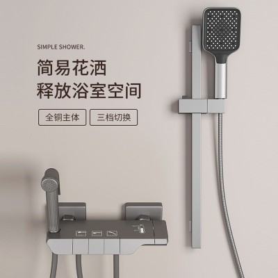 枪灰色淋浴花洒套装家用卫浴全铜简易分体式卫生间浴室增压沐浴器图2