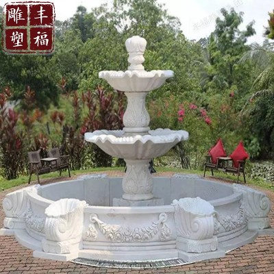 石雕喷泉 小区别墅花园景观三层喷水池喷泉雕塑摆件 汉白玉喷泉图4