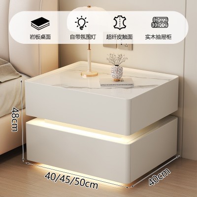 实木智能床头柜简约现代岩板卧室家用轻奢高级免安装床边柜奶油风      1个图2