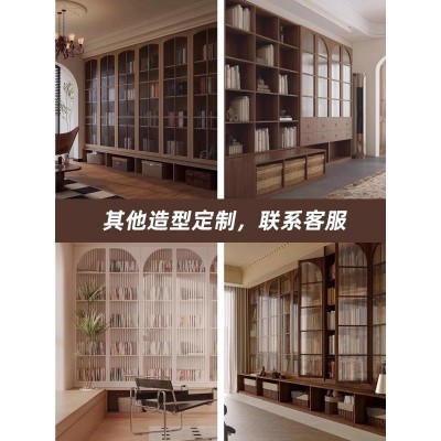 书架樱桃木一体满墙书柜带卡座拱形玻璃门客厅樱桃木组合书架    1件图5